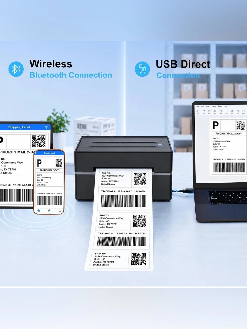 Compact Black Thermal Label Printer for Home Office and Shipping